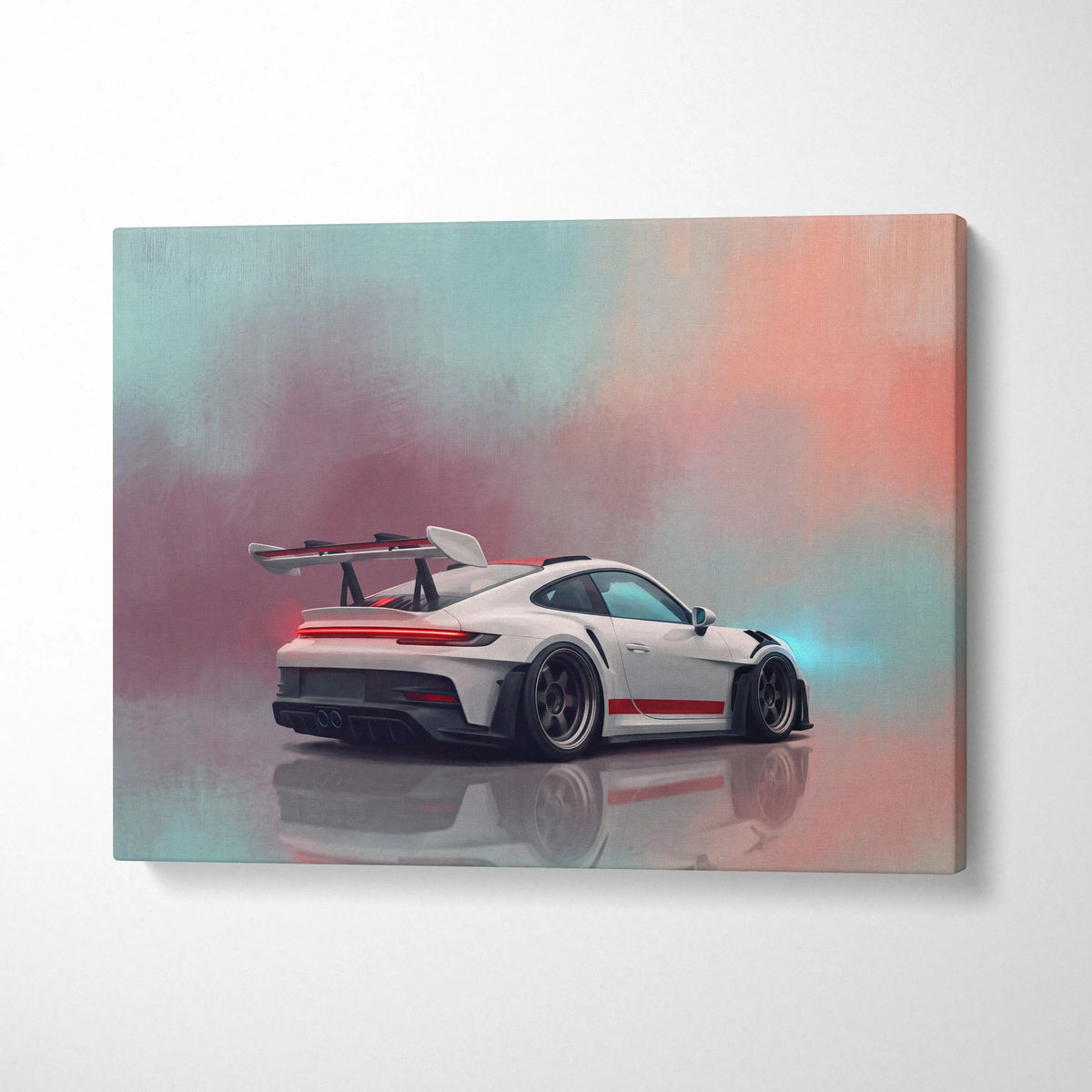 White porsche 911 gt3 with red accents and rear wing on canvas in custom porsche 911 gt3 rs inspired wall art print