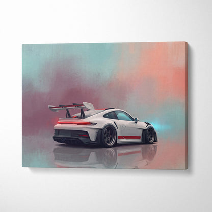 White porsche 911 gt3 with red accents and rear wing on canvas in custom porsche 911 gt3 rs inspired wall art print