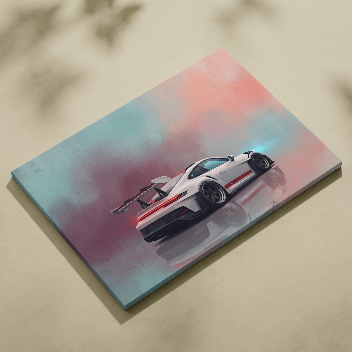 White Porsche 911 GT3 RS inspired supercar canvas art print with red and black accents and aerodynamic design