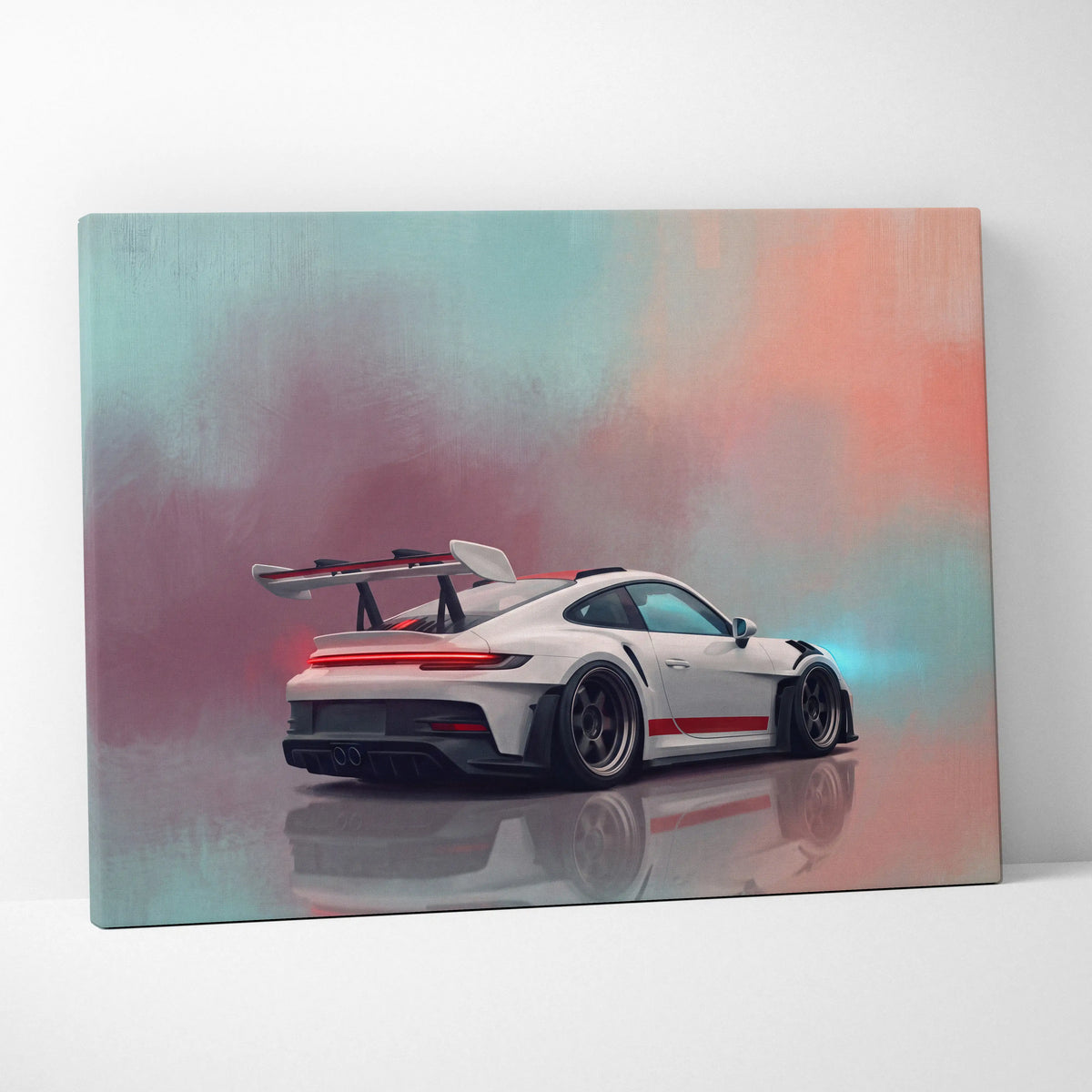 White Porsche 911 GT3 RS inspired supercar canvas art with red accents and sleek aerodynamic design wall print