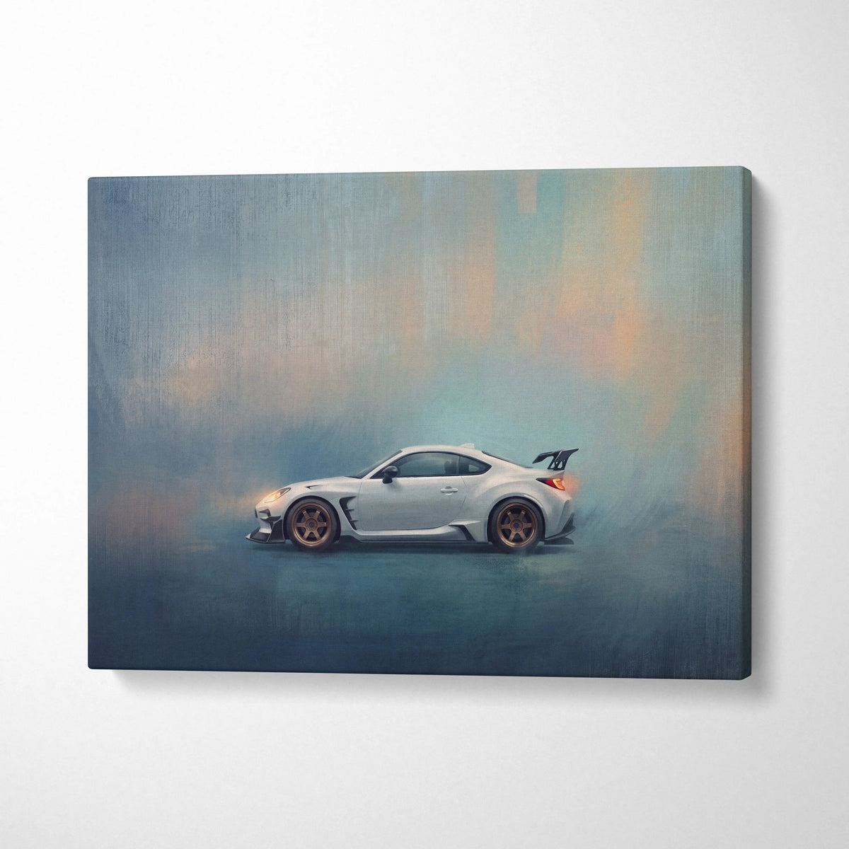 Toyota GR86 inspired white sports car canvas print with bronze wheels and rear spoiler for modern living room wall art