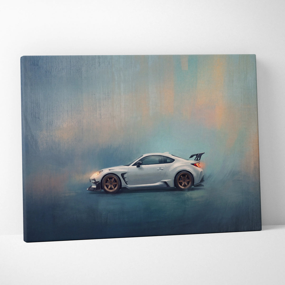 Toyota GR86 inspired wall art showing white sports car with bronze wheels and black spoiler on canvas for living room