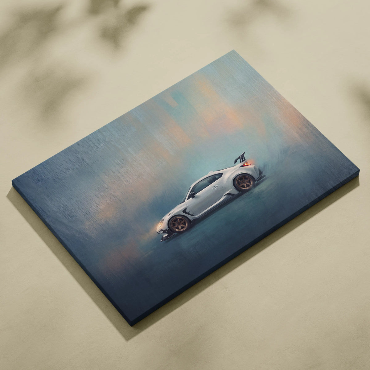White sports car painted canvas artwork with orange and blue hues toyota gr86 inspired wall art for living room