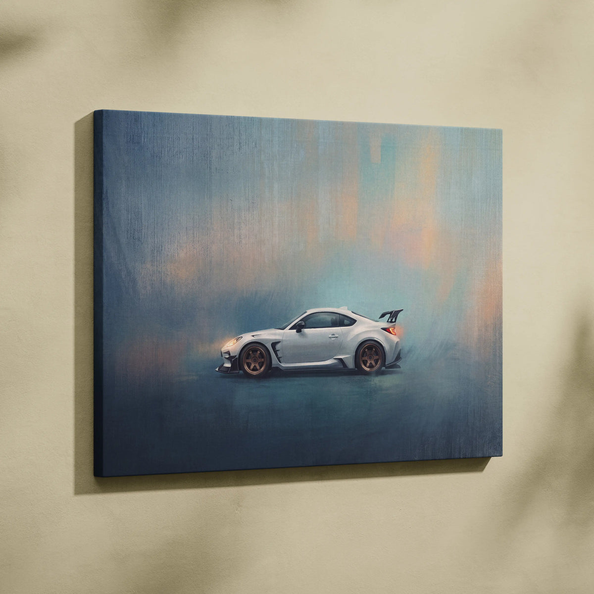 White sports car canvas print with metallic bronze wheels and black spoiler on blue orange gradient background for living room