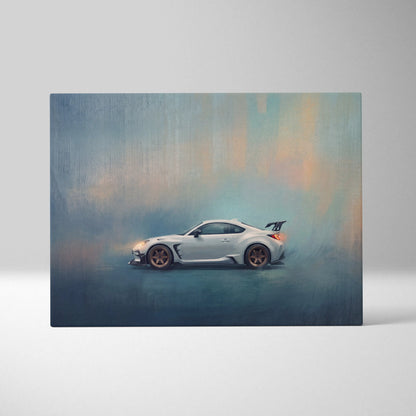White subaru brz sports car with bronze wheels and black rear spoiler on canvas print for modern living room wall art