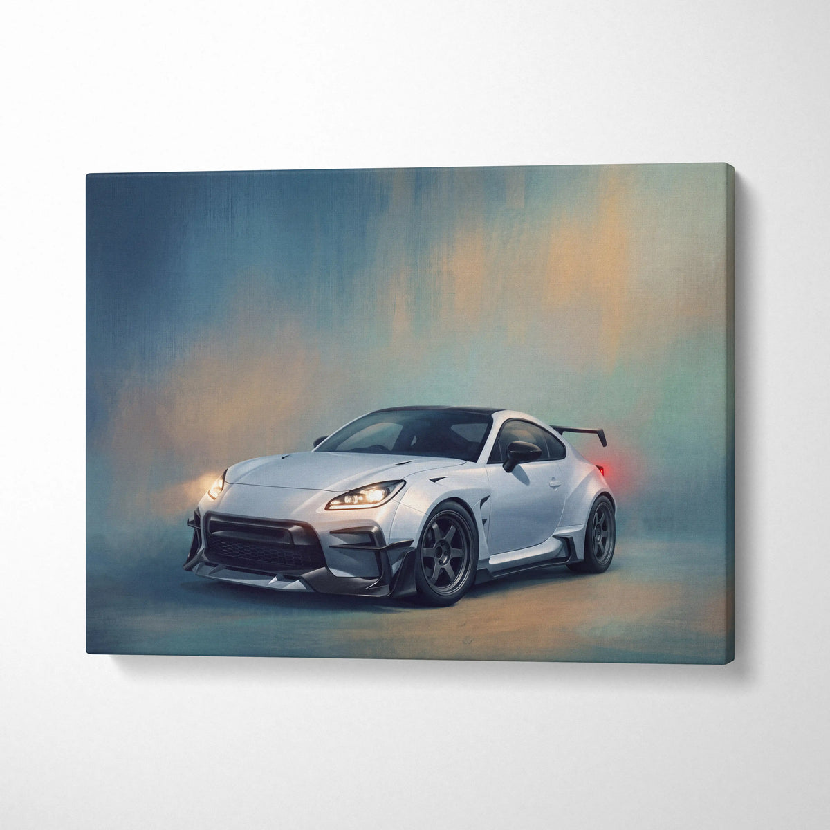 Toyota GR86 widebody inspired car canvas painting featuring a white sports car with black accents and racing details