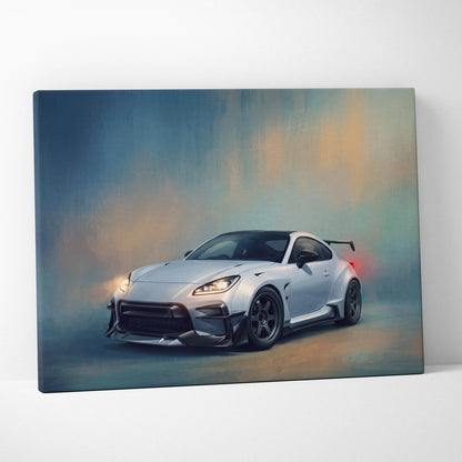 Silver Toyota GR86 widebody inspired car canvas painting with black accents and racing details for wall decor