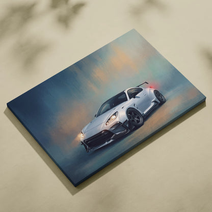 Silver toyota gr86 widebody inspired sports car canvas print with sleek design black accents and glowing headlights wall decor