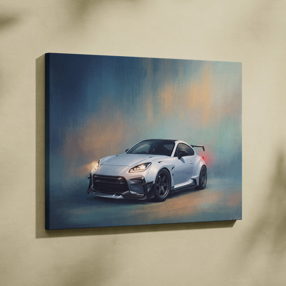 Silver sports car canvas print featuring a toyota gr86 widebody design with black accents for racing wall decor