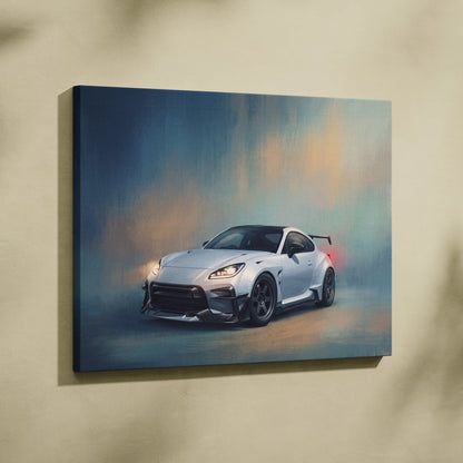 Silver sports car canvas print featuring a toyota gr86 widebody design with black accents for racing wall decor