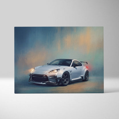 White sports car with black accents and rear spoiler in artistic painting style on toyota gr86 widebody inspired canvas
