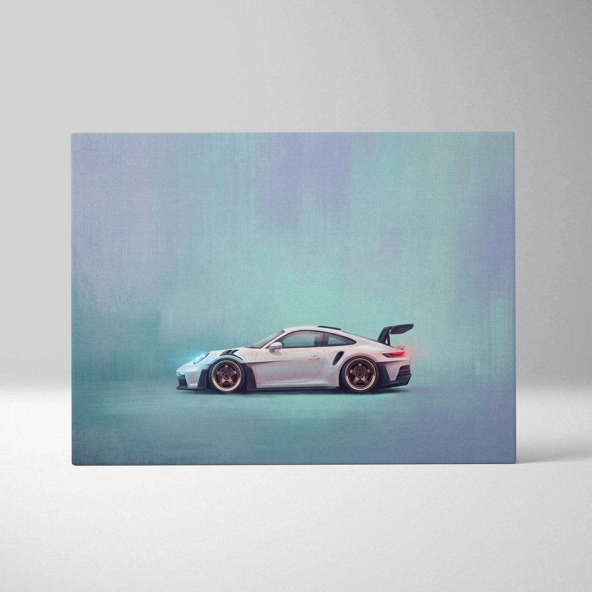White porsche 911 gt3 rs canvas print with gold rims and sleek aerodynamic design luxury supercar wall art