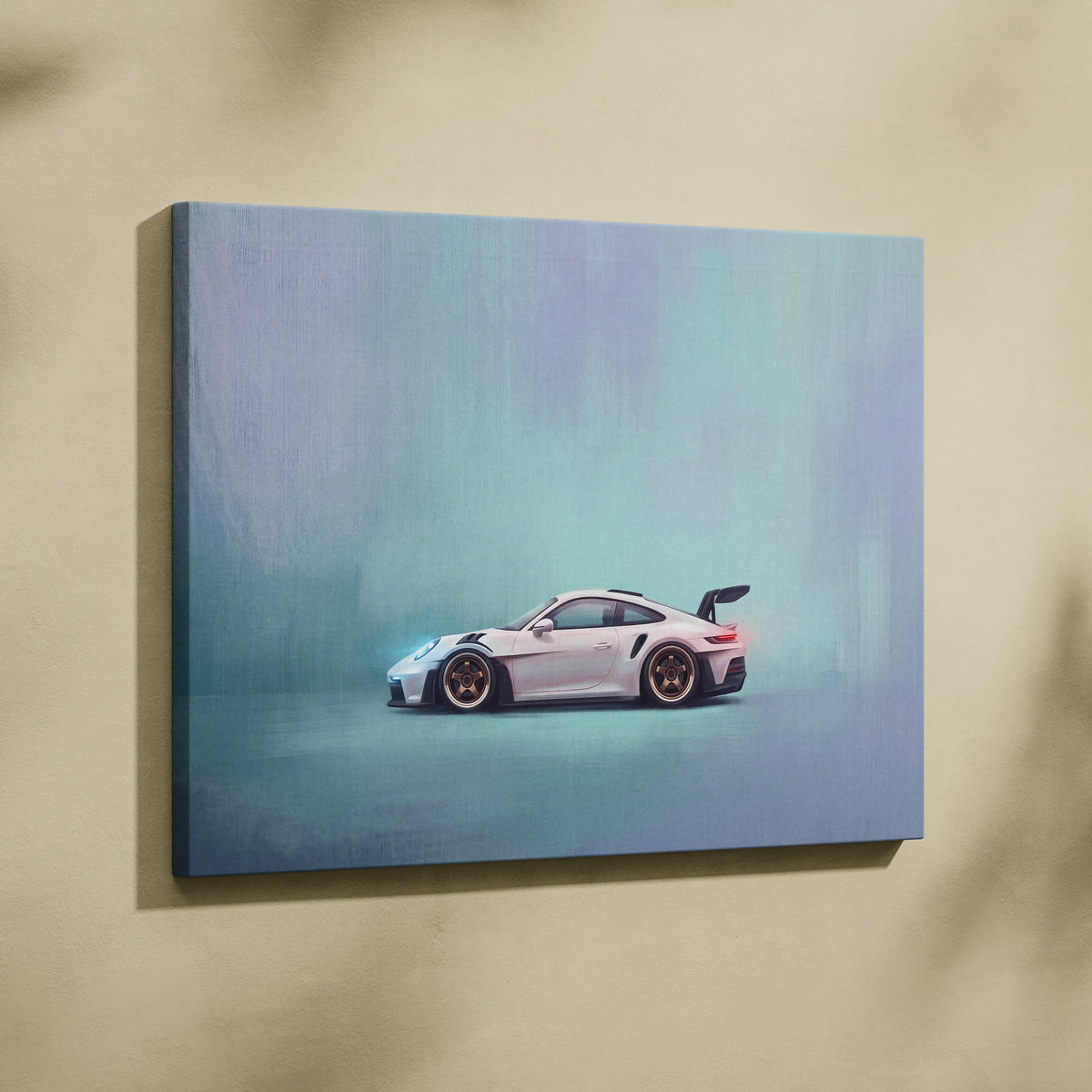 White Porsche 911 GT3 RS inspired sports car canvas print with gold rims and sleek aerodynamic design for wall art