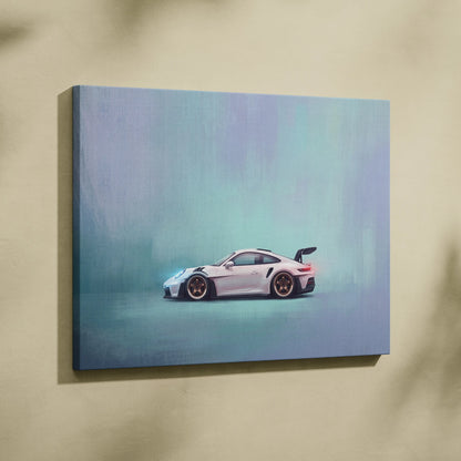 White Porsche 911 GT3 RS inspired sports car canvas print with gold rims and sleek aerodynamic design for wall art