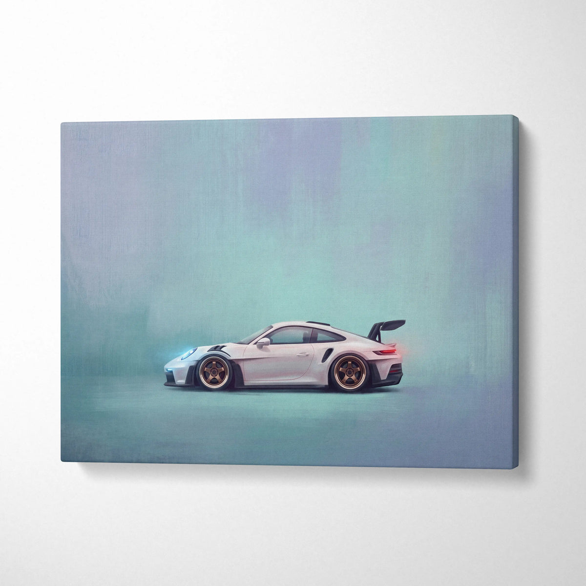 White Porsche 911 GT3 RS canvas print with gold rims featuring sleek aerodynamic design for luxury automotive wall art