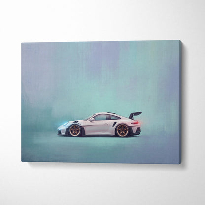 White Porsche 911 GT3 RS canvas print with gold rims featuring sleek aerodynamic design for luxury automotive wall art
