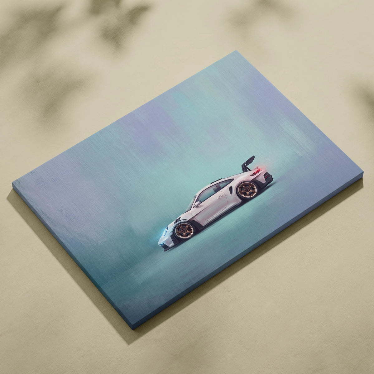 White porsche 911 gt3 rs sports car illustration on canvas with teal and blue gradient background luxury wall art
