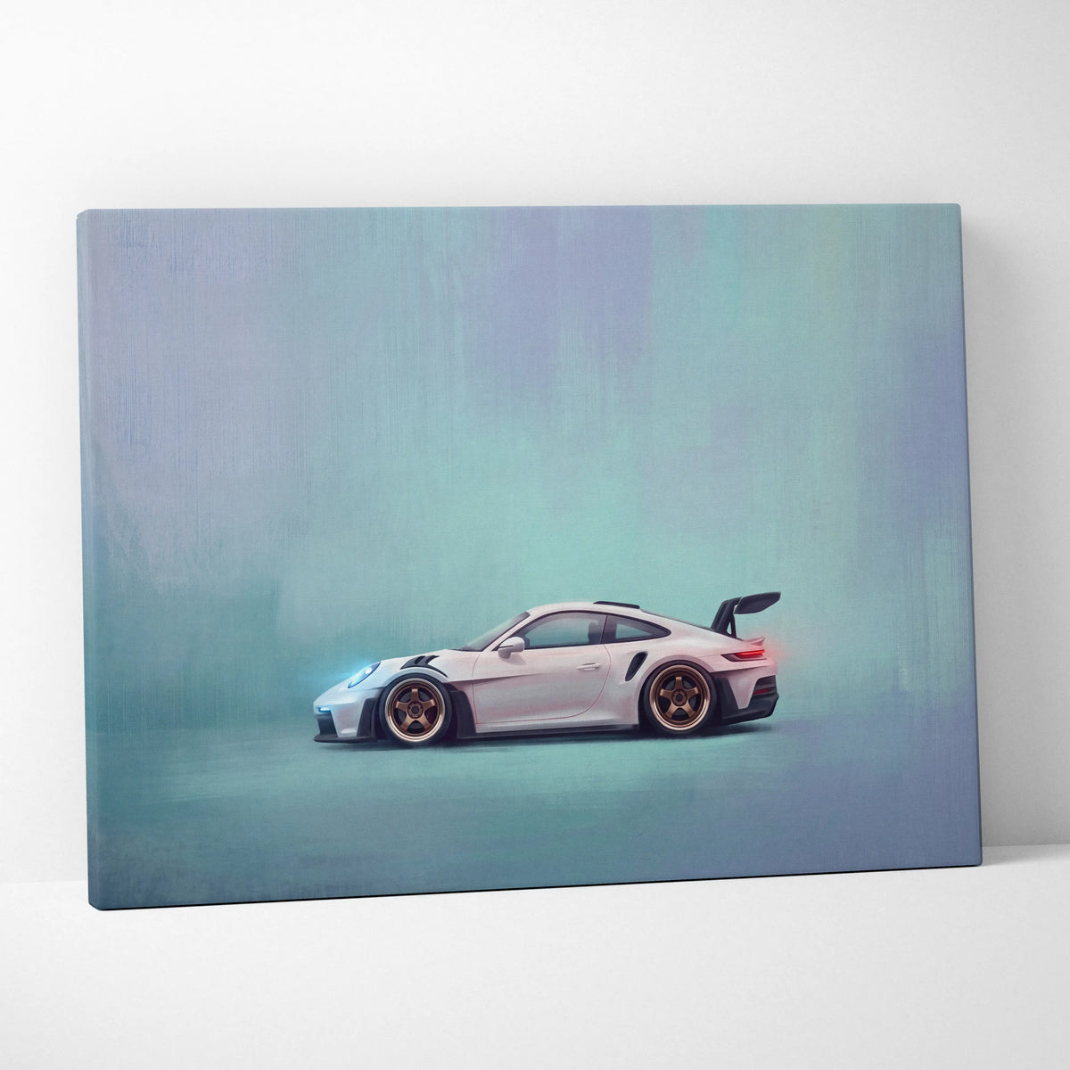 White porsche 911 gt3 rs inspired luxury supercar canvas print featuring gold rims and sleek sporty design