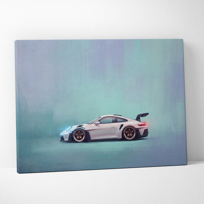 White porsche 911 gt3 rs inspired luxury supercar canvas print featuring gold rims and sleek sporty design