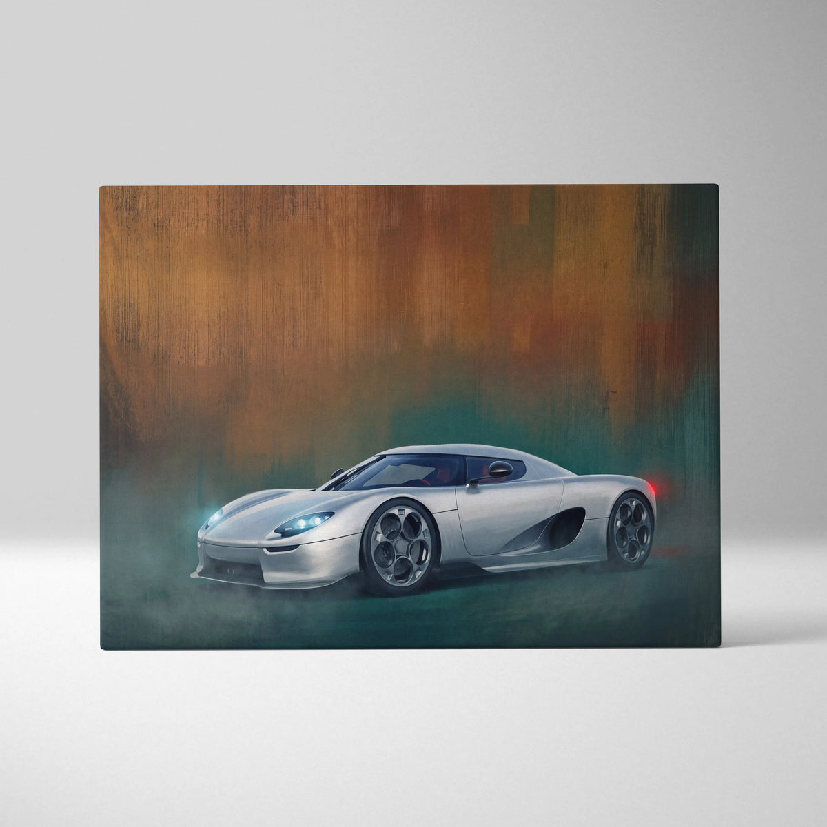 Silver koenigsegg agera hypercar stylized painting with glowing headlights and intricate multi-spoke wheels canvas art