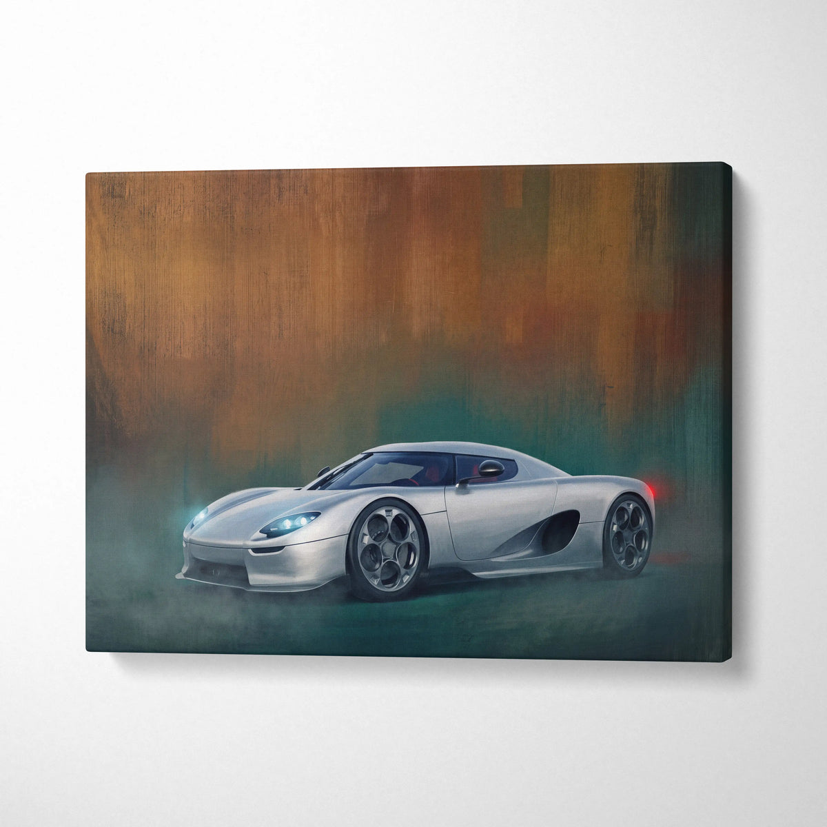 Silver koenigsegg cc850 inspired hypercar canvas art print with glowing headlights and stylized wheels for car wall decor