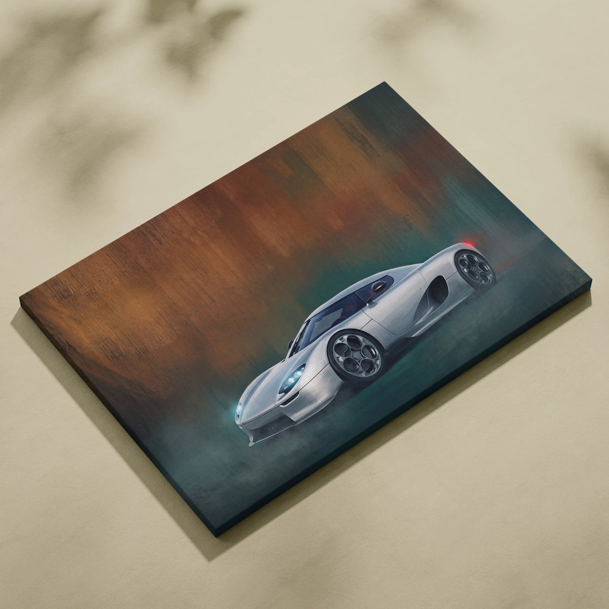 Silver koenigsegg cc850 inspired sports car canvas art with glowing blue headlights and red taillights on smoky background