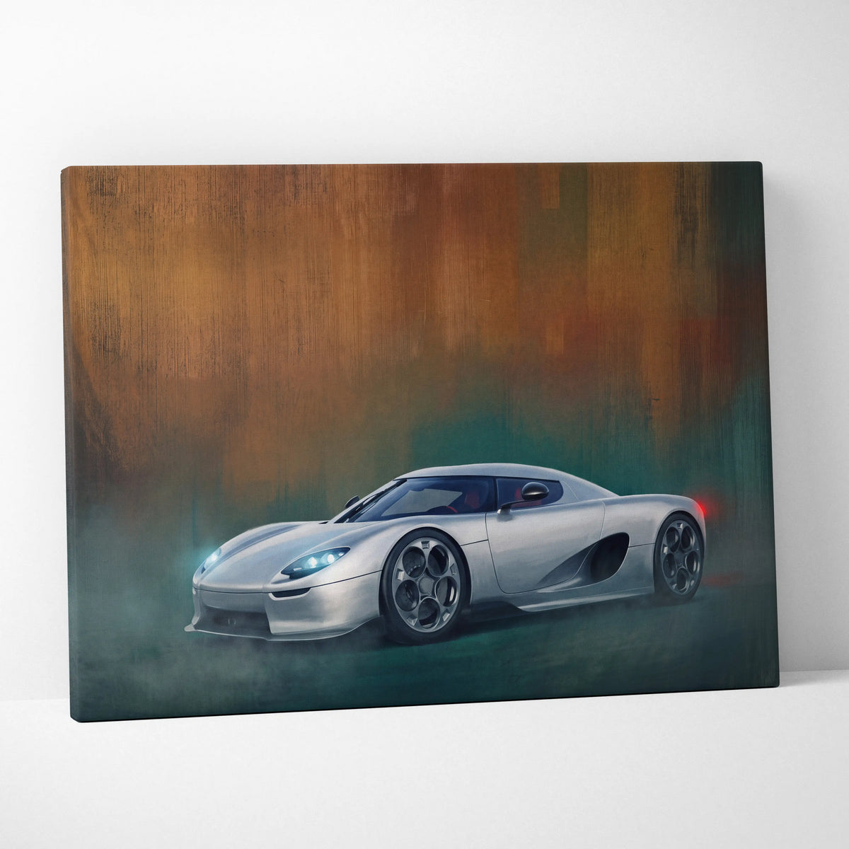 Silver koenigsegg cc850 inspired hypercar depicted in a dynamic painterly style on a canvas wall art print