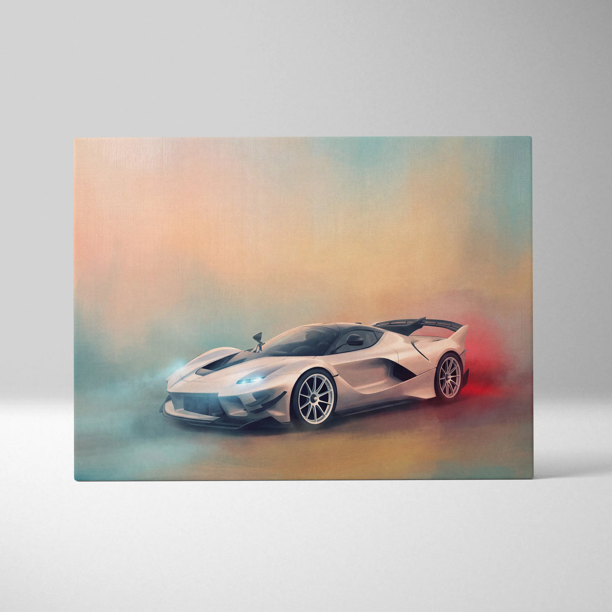 Silver laferrari hypercar in dynamic smoky artistic rendering on ferrari fxx-k evo inspired premium canvas art
