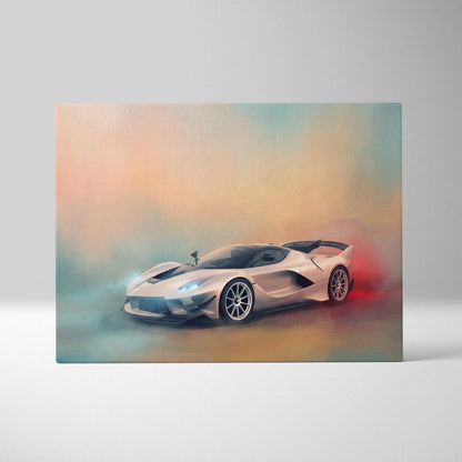 Silver laferrari hypercar in dynamic smoky artistic rendering on ferrari fxx-k evo inspired premium canvas art