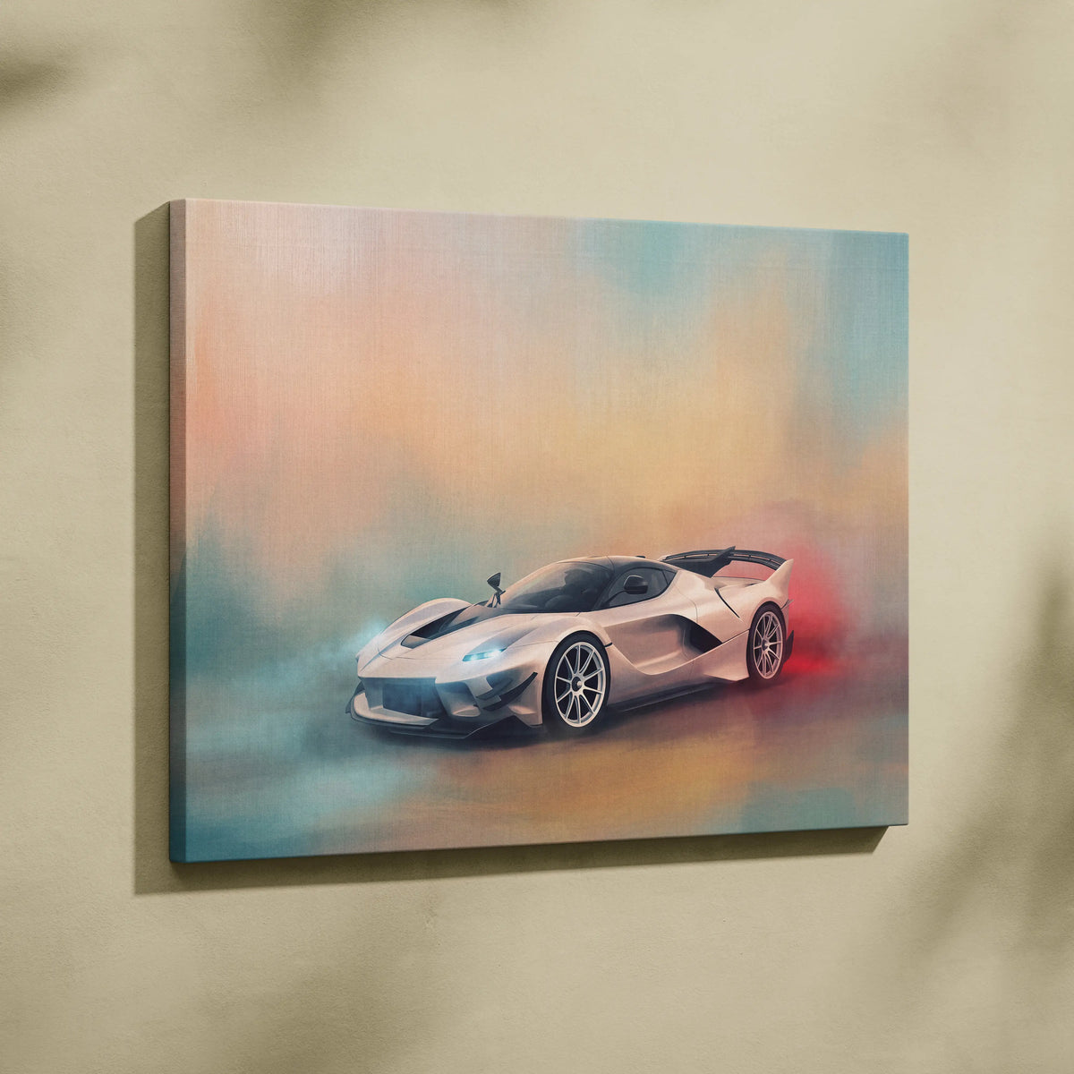 A sleek silver ferrari laferrari sports car in dynamic smoky style on premium canvas automotive wall decor