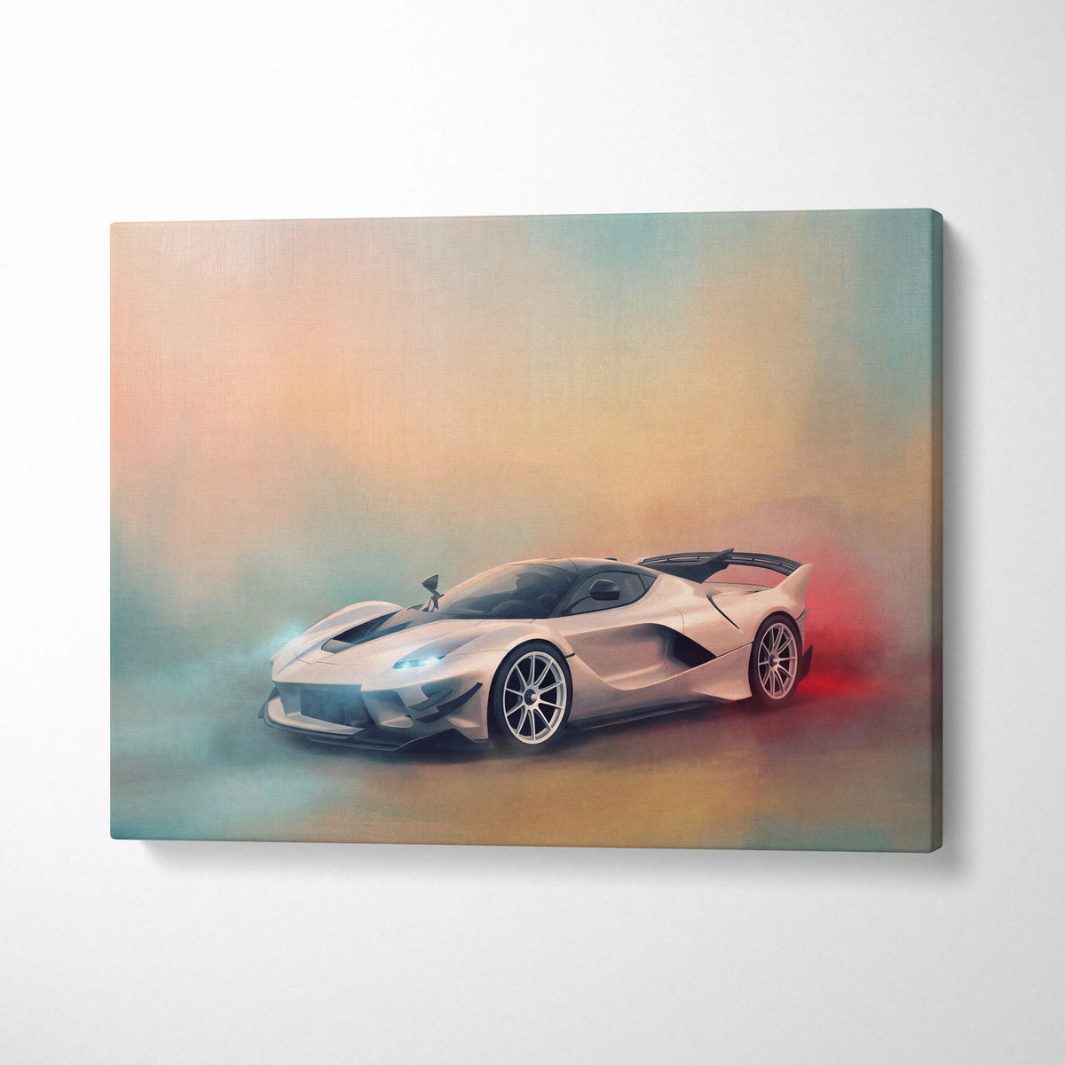 A sleek silver Ferrari laferrari sports car in a dynamic smoky style on canvas for premium wall decor