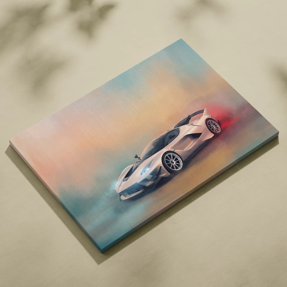 Ferrari fxx-k evo inspired silver-gray sports car canvas art featuring dynamic drift pose with pastel background tones