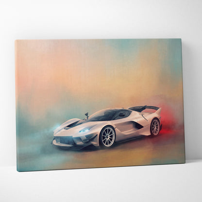Ferrari fxx-k evo inspired canvas art featuring a sleek silver laferrari in a dynamic smoky artistic style