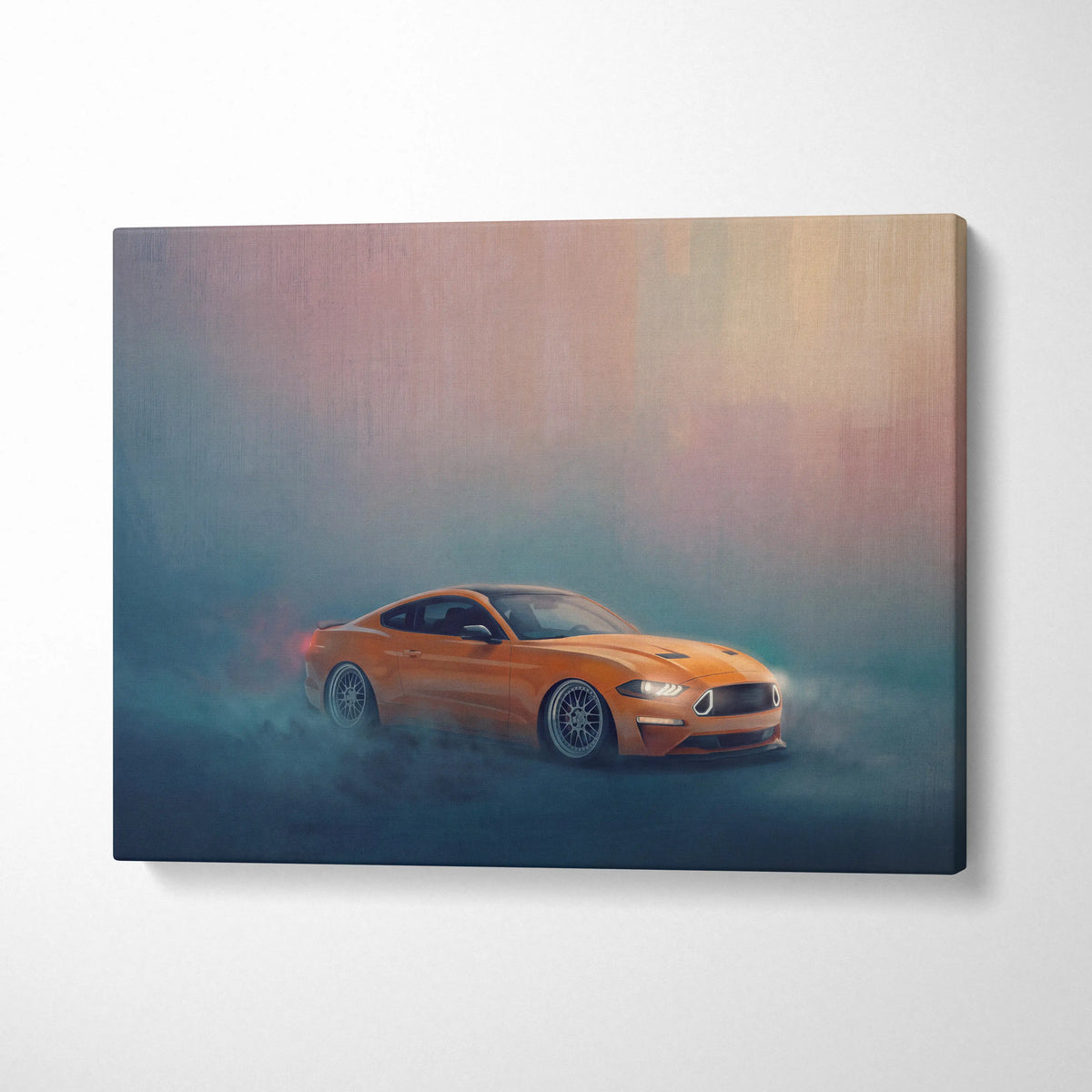 Vibrant orange ford mustang canvas art with sleek design glowing headlights and misty effects for garage decor