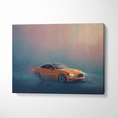 Vibrant orange ford mustang canvas art with sleek design glowing headlights and misty effects for garage decor