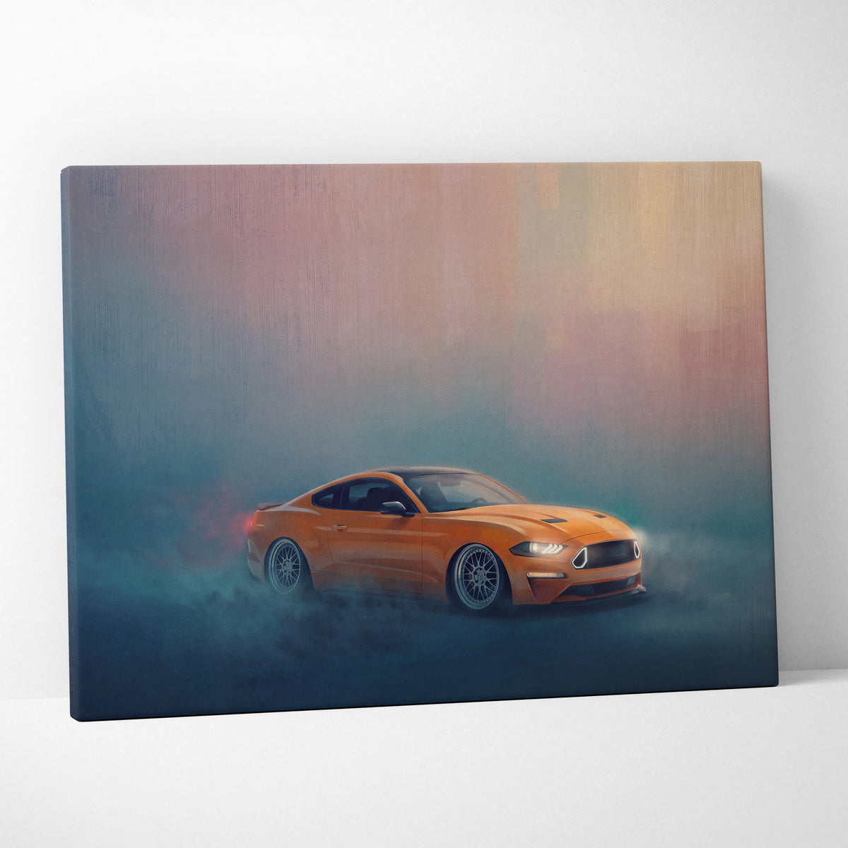 Orange ford mustang canvas print with glowing headlights smoke effects modern design for garage decor