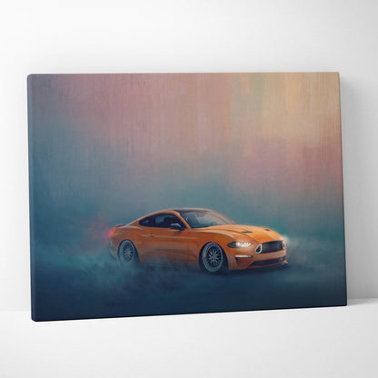 Orange ford mustang canvas print with glowing headlights smoke effects modern design for garage decor