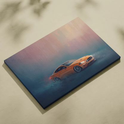 Ford Mustang inspired orange sports car canvas art showing dynamic drift scene with misty background for garage decor