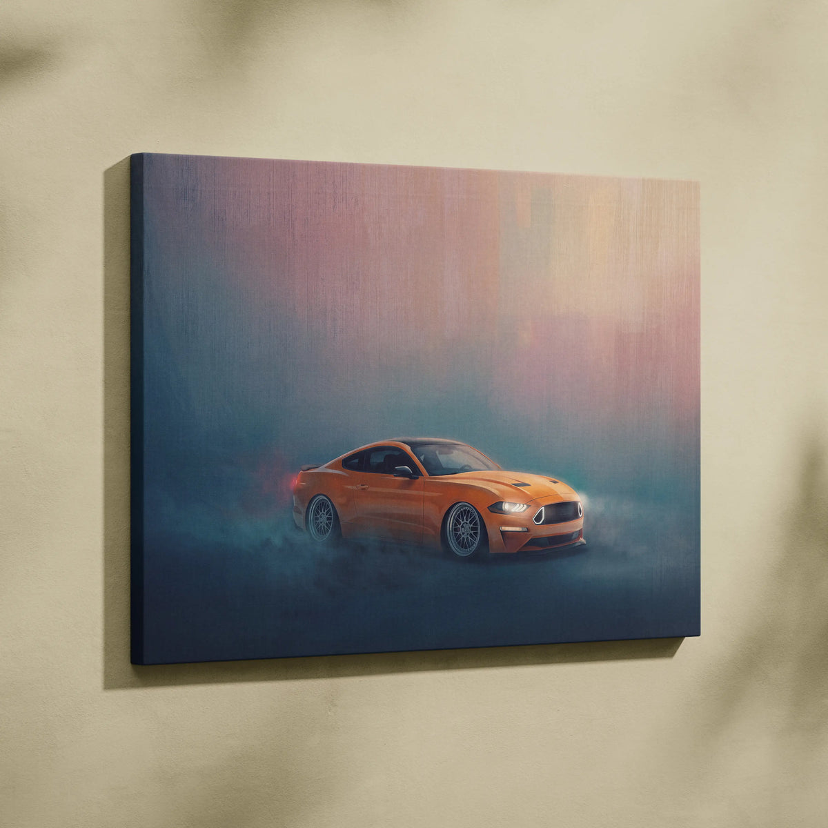Orange ford mustang canvas print of a drifting car in misty gradient sky muscle car wall painting for garage decor