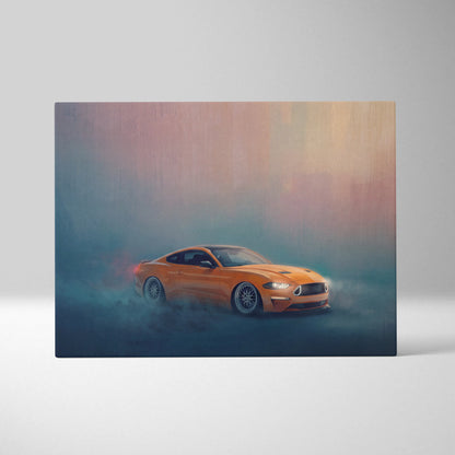 Vibrant orange ford mustang sports car in a dynamic smoky artistic rendering on canvas muscle car wall decor