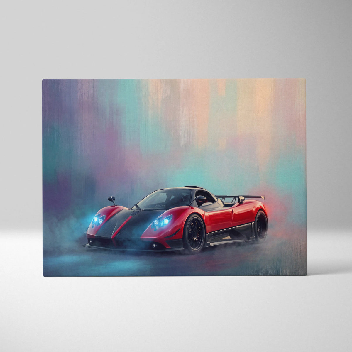 Pagani Zonda R inspired car wall art featuring red and black sports car with glowing blue headlights on canvas print