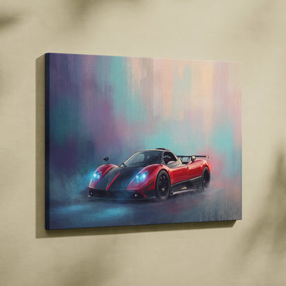 Pagani zonda r inspired car wall art canvas painting print with red and black car and glowing blue headlights