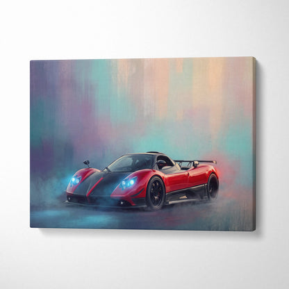 Pagani zonda r inspired red and black sports car canvas print with glowing blue headlights for wall art