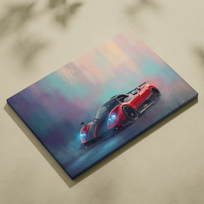Pagani Zonda R inspired car wall art canvas painting print featuring a vibrant red and black sports car with glowing headlights