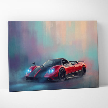 Pagani zonda r inspired red and black sports car wall art canvas print with glowing blue headlights track edition