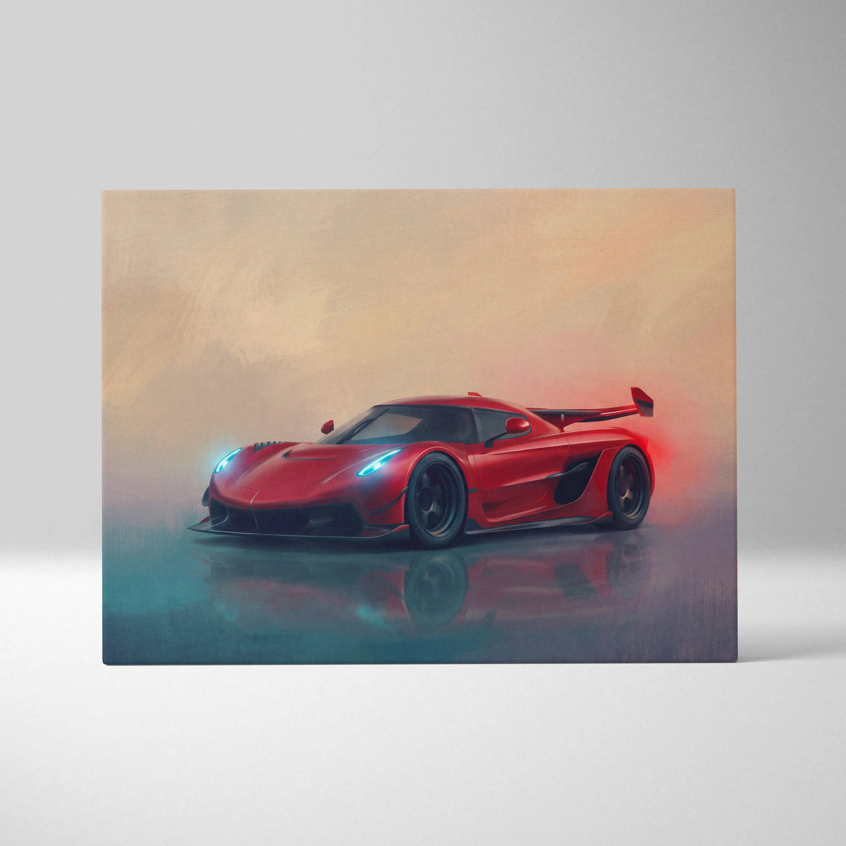 Vibrant red Koenigsegg Jesko Attack inspired automotive wall art with glowing blue headlights on luxury supercar canvas print
