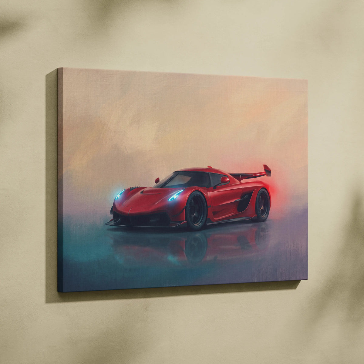 Red koenigsegg jesko attack inspired hypercar painting on canvas luxury automotive wall art print