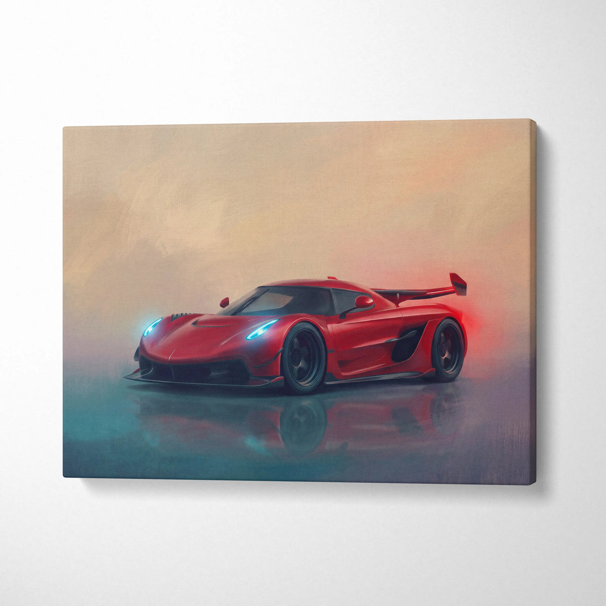 Vibrant red koenigsegg jesko attack inspired luxury supercar canvas print featuring stylized dynamic painting