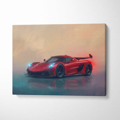 Vibrant red koenigsegg jesko attack inspired luxury supercar canvas print featuring stylized dynamic painting
