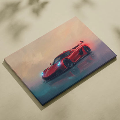 Red Koenigsegg Jesko Attack inspired sports car canvas print with glowing blue headlights and aerodynamic contours